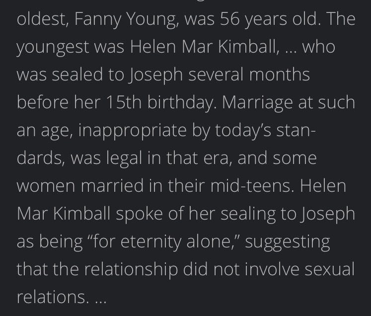 2. Sealings for eternity only - relationships would be in the next lifeJoseph’s sealing to Helen Mar Kimball has been one many struggle with as she was only 14 years old. Helen later stated that their sealing was for eternity only.