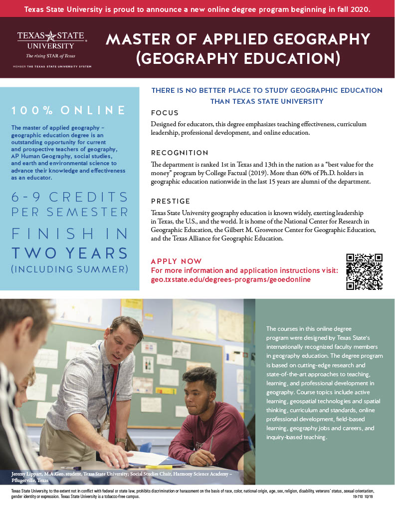 txgeoed's tweet photo. Application Deadline for ONLINE MASTER in Geography Education extended to July 15th! SCHOLARSHIPS AVAILABLE! https://t.co/vZykO4EVw4