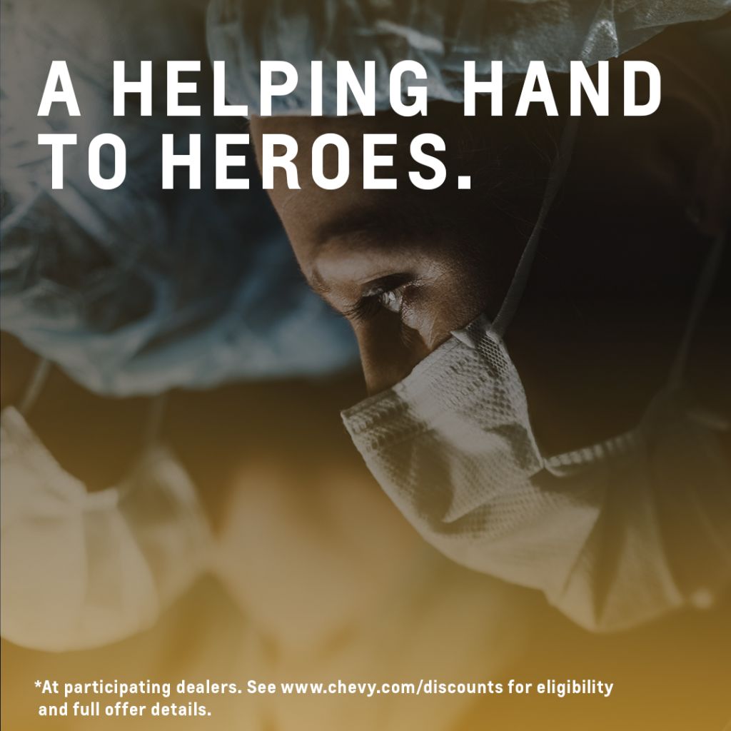 ValMark_Chevy's tweet photo. As a way of saying thanks, we're offering the Chevrolet First Responder Discount to eligible healthcare professionals now through June 30.* Visit https://t.co/MMaWp2MI0p for a list of eligible professions.  Shop online or we will come to you! https://t.co/WH9PleIC4H