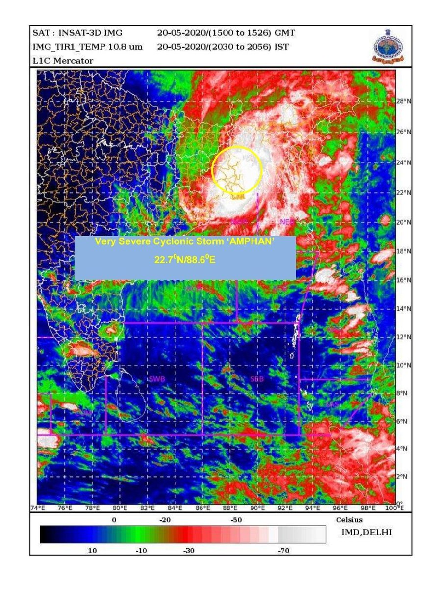 ndmaindia's tweet image. #CycloneAmphanUpdate :: Latest Hourly Update

The Very Severe #CycloneAmphan centred at 2130 hrs IST of today, 20 May 2020, over #WestBengal, about 50 KM Northeast of #Kolkata.

@IMDWeather #Cyclone