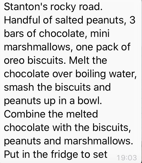 sherburnhigh's tweet photo. Stanton’s Rocky Road for the #TeamSherburnCookbook @SHSDesignTech 

He doesn’t really mention measurements so you can probably just use giant bars of chocolate and loads of everything else. 👍🏻

@sherburnscience https://t.co/n1UquOM1Sm