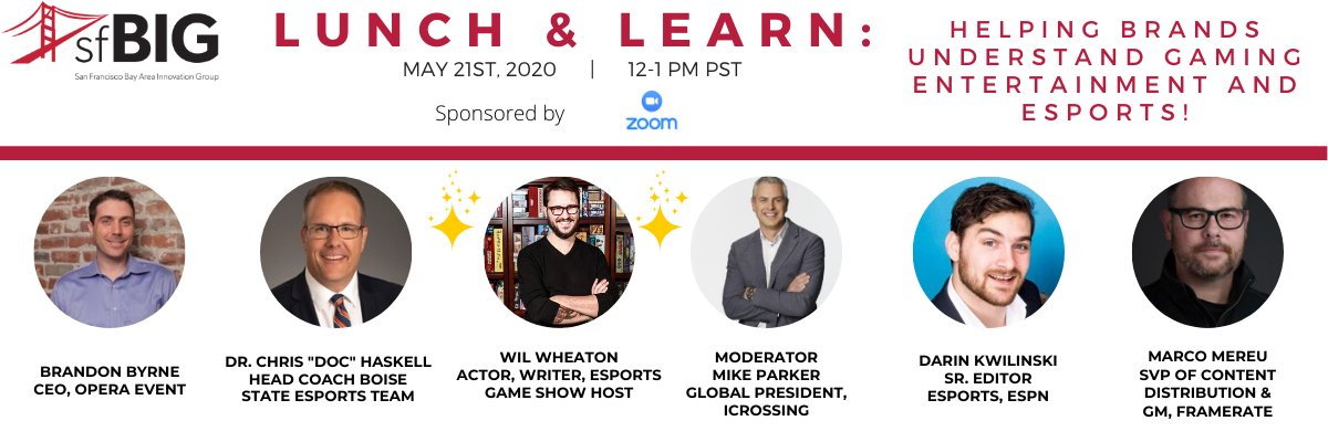 sfbig's tweet image. Special announcement! 

Our Esports Lunch &amp;amp; Learn this week will have a special guest joining the panel! Joining the star-studded team on Thursday will be no other than Esports TV personality, #WilWheaton! We are so excited for Wil to join us and lend his thoughts on Thursday.