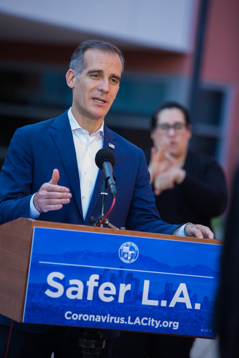 LAJewishHealth's tweet photo. Yesterday, the @MayorOfLA held his nightly media conference at LAJH. He gave an update on the city's current COVID-19 status, and how, with advice from our Chief Medical Officer @NoahMarcoMD, the city is providing testing kits to skilled nursing facilities. Photo Credit: @JodyeA https://t.co/3UkFSgXlFz