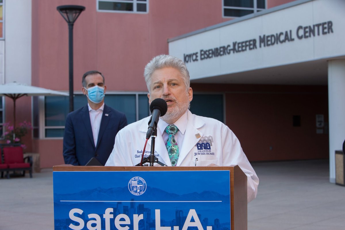 LAJewishHealth's tweet photo. Yesterday, the @MayorOfLA held his nightly media conference at LAJH. He gave an update on the city's current COVID-19 status, and how, with advice from our Chief Medical Officer @NoahMarcoMD, the city is providing testing kits to skilled nursing facilities. Photo Credit: @JodyeA https://t.co/3UkFSgXlFz