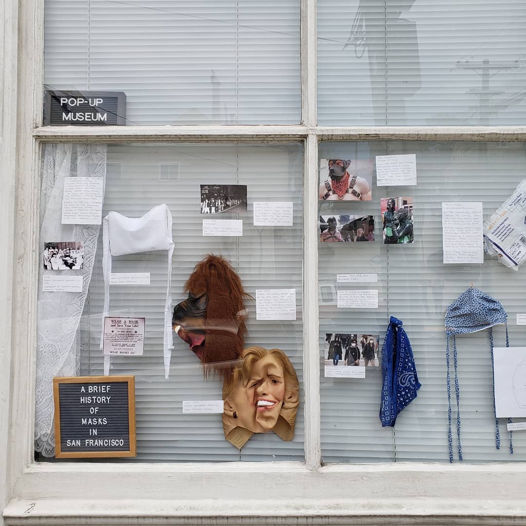 Seen on our #shelterinplacewalks: A pop-up museum on the Brief History of Masks in San Francisco, at 22nd and Sanchez. #NoeValley #seenonstaffwalks #historyonthestreets #covid19