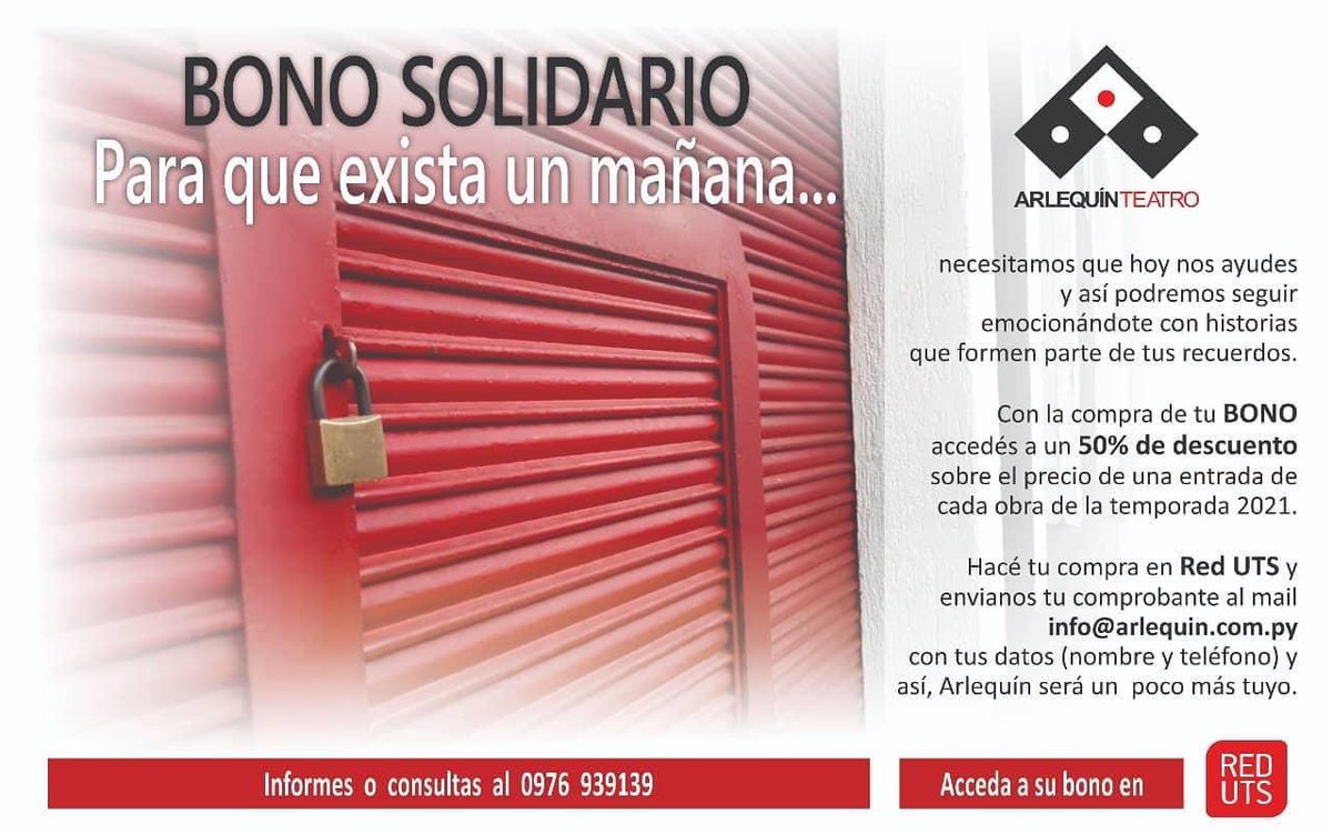 Ahora podés acceder al BONO SOLIDARIO de <a href="/ArlequinPy/">Arlequín Teatro</a> en @RedUTS_Py  "para que exista un mañana" #arlequinpy