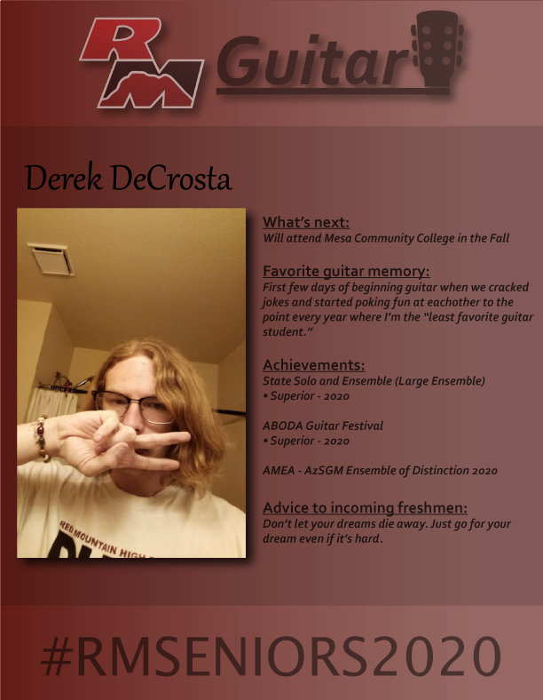 RMHS_Guitar's tweet photo. 🎸RMHS Guitar Senior Spotlight - Derek DeCrosta🎸 #RMSeniors2020 #redmountainway #mpsaz https://t.co/EqKSquzs0Y