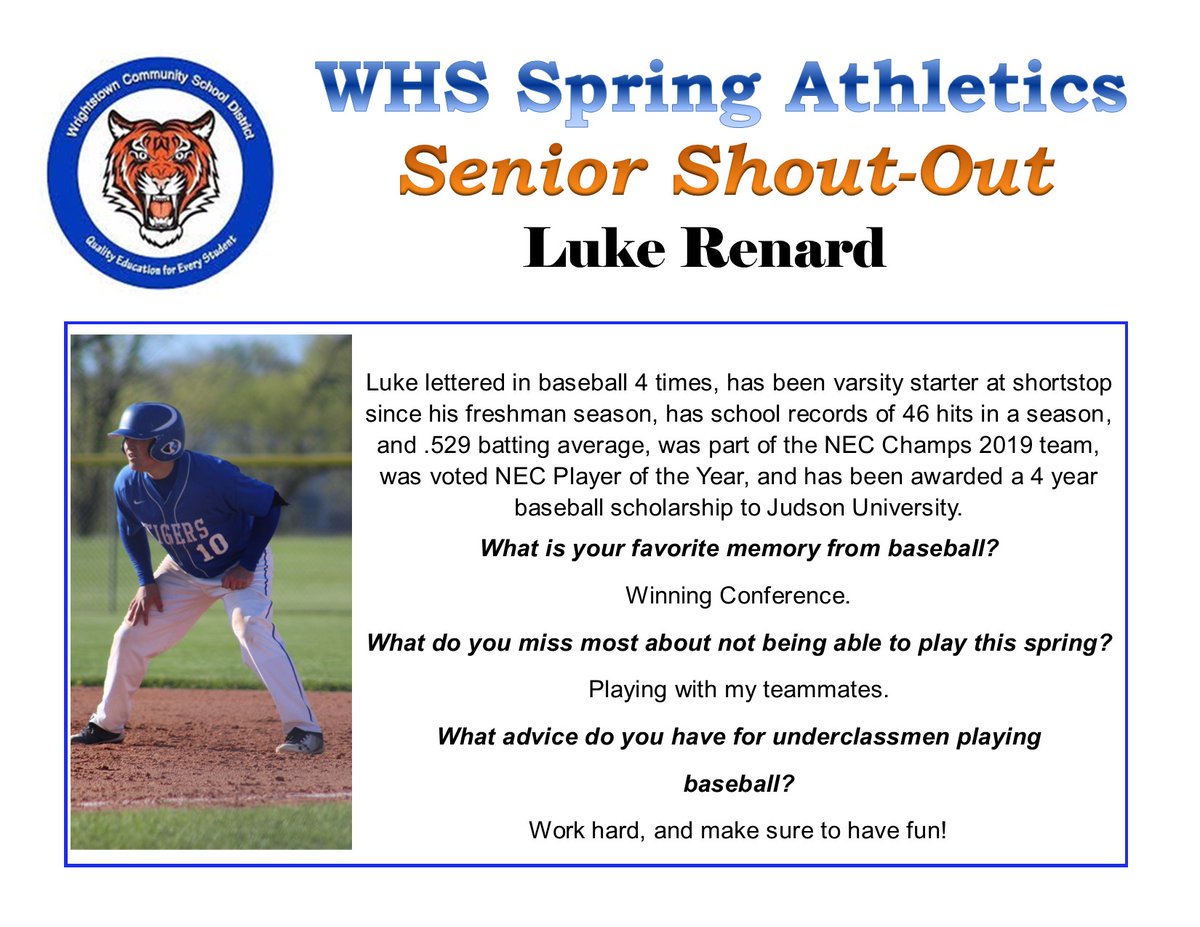 WrightstownA's tweet photo. Luke Renard finishes his athletic career at WHS as one of the BEST baseball players to ever play!  We're excited to follow his baseball career at Judson University &amp; beyond.  Luke earned 6 varsity letters playing baseball &amp; football.  Thanks Luke! @WrightstownCSD  #WCSDstrong https://t.co/wmi1C5Zzdj