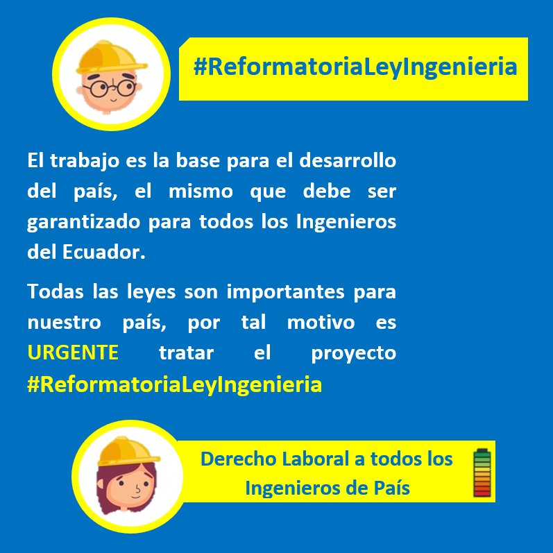El Proyecto de Ley Reformatoria del Ejercicio Profesional de la Ingeniería #ReformatoriaLeyIngeniería debe tratarse urgentemente
<a href="/cesarlitardo/">César Litardo</a> @Kary_Arteaga <a href="/LaboralAN/">Comisión del Derecho al Trabajo y Seguridad Social</a> <a href="/JohannaCedeno/">Johanna Cedeño</a> <a href="/Rubn_Bustamante/">Rubén Bustamante</a>