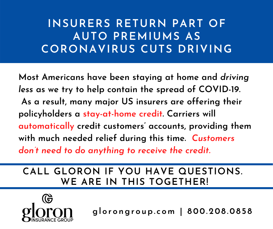 GloronGroup's tweet photo. Auto insurance companies are offering financial relief to customers while stay-at-home directives reduce the number of people driving during the pandemic. Give us a call if you have questions or are unsure what financial relief your carrier is providing. #AdviseProtectInsure https://t.co/K5rYzNQQy0