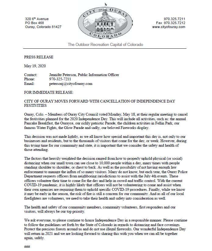 ICYMI - Ouray City Council voted May 18 to cancel the 2020 Independence Day festivities due to a number of challenges revolving around the COVID-19 global pandemic.