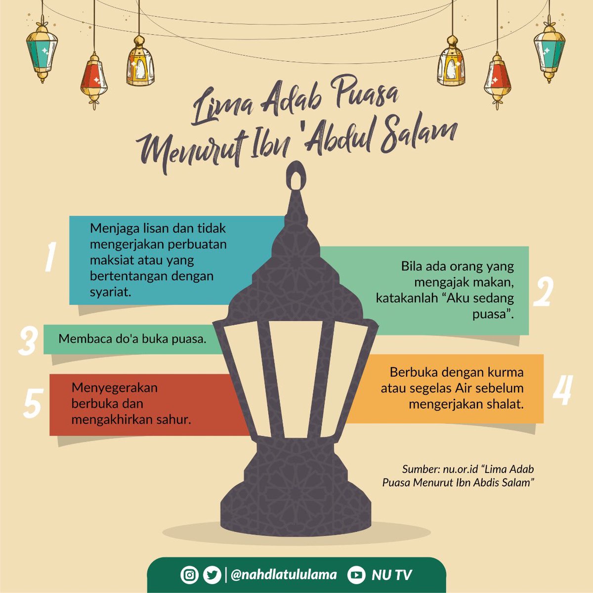 nahdlatululama's tweet photo. Lima Adab Puasa 

• Menjaga lisan
• Membaca doa buka puasa
• Menyegerakan berbuka puasa jika Sudah masuk waktunya
• Bila ada yang mengajak maka, katakan “aku sedang puasa”
• Berbuka dengan kurma atau segelas air sebelum melalukan shalat. https://t.co/15UVwSPSgU