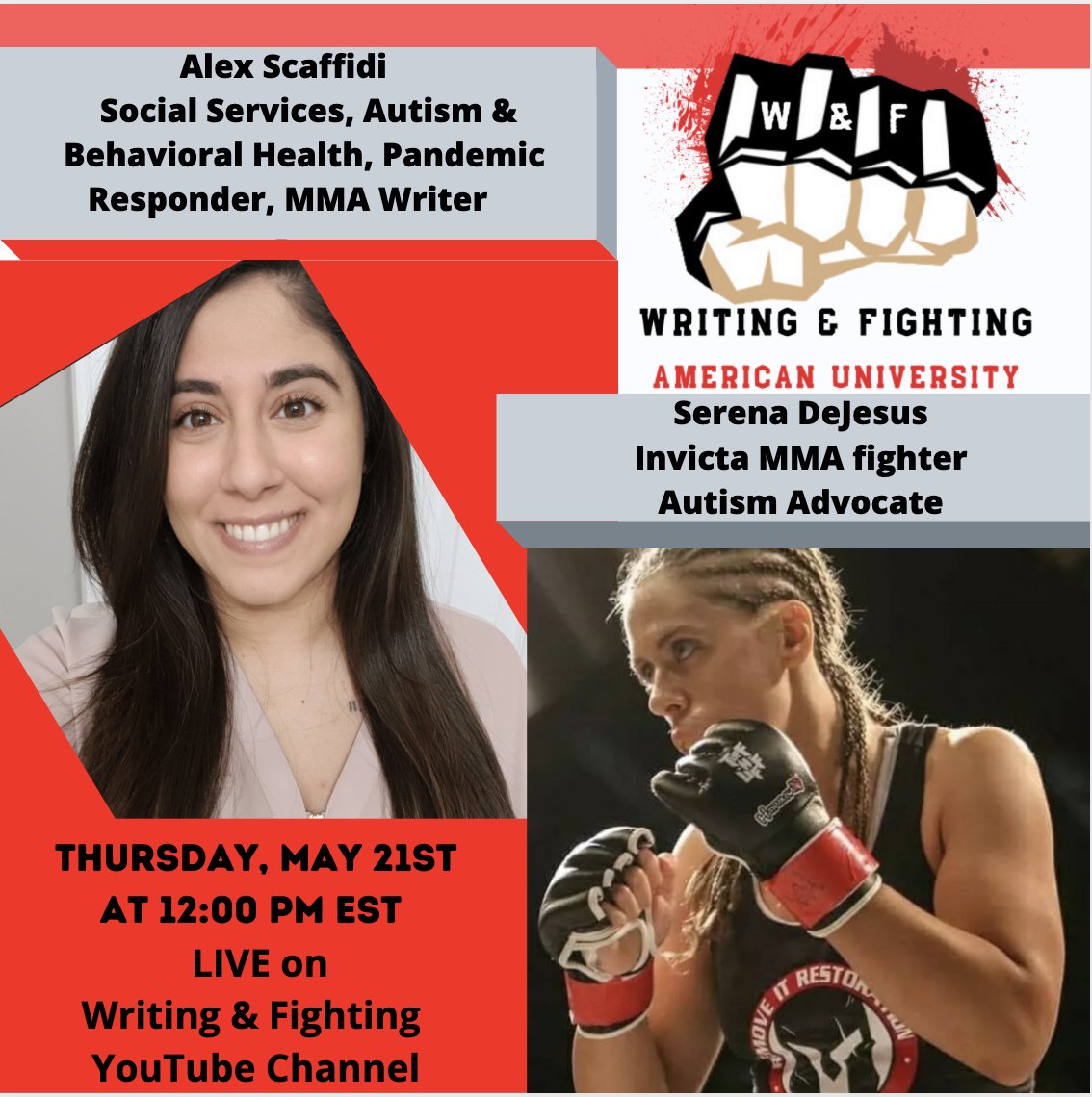 NancyAnnKidder's tweet photo. Update on Writing & Fighting: Tomorrow's class will be streaming LIVE Thursday, 12pm EST with two special guests-- @alexscaffidi_ & @SerenaSouthpaw. We will examine writing, autism & combat sports and discuss how these worlds intersect. #mma #writing #fightforautism https://t.co/HQ1X44mny0