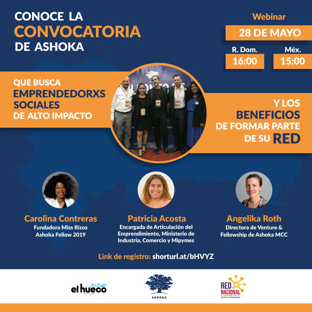 ¡Emprendedores sociales! La próxima semana #Ashoka tendrá un conversatorio donde compartirá los detalles de la próxima convocatoria y la experiencia de Carolina de Miss Rizos Salón participando en el programa. No te lo pierdas. ¡Te espermos! #RDEmprende  buff.ly/2zZsHIU