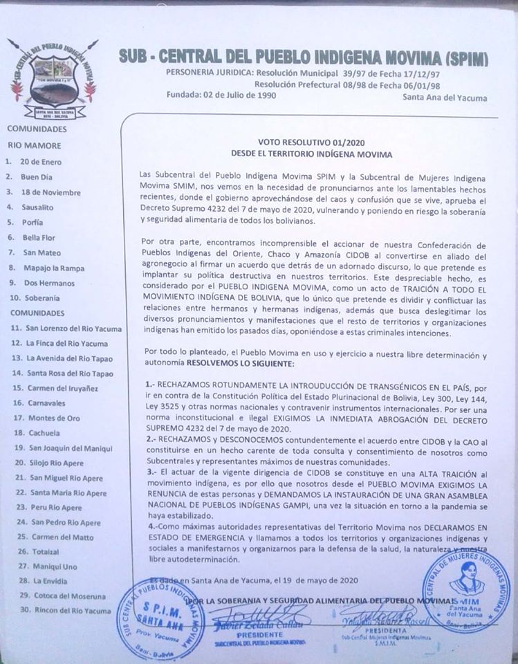 Codapma1's tweet image. Los #Movimas, #Chimanes,#Mojeños, #Chiquitanos, el bloque de #PPII de amazonía norte, #Guaranies, #Chiquitanos ha rechazado en convenio de la #CAO con 3 dirigentes.