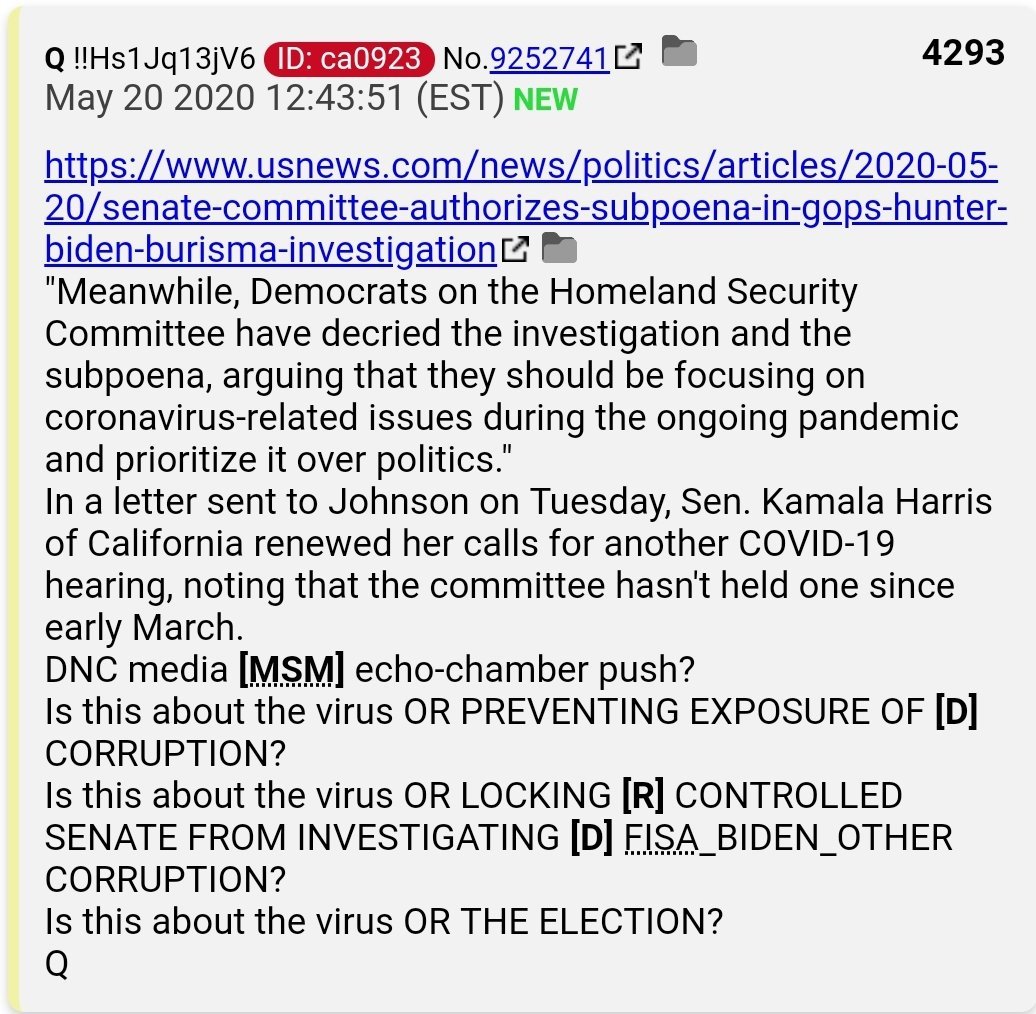 16.  #QAnon [D]s fail in their attempt to use COVID to hide vast corruption rising to treasonous proportions. MSM is ignoring this EXPLOSIVE story about Criminal Politicians selling their COUNTRY and robbing their COUNTRYmen.   #Q  https://www.usnews.com/news/politics/articles/2020-05-20/senate-committee-authorizes-subpoena-in-gops-hunter-biden-burisma-investigation