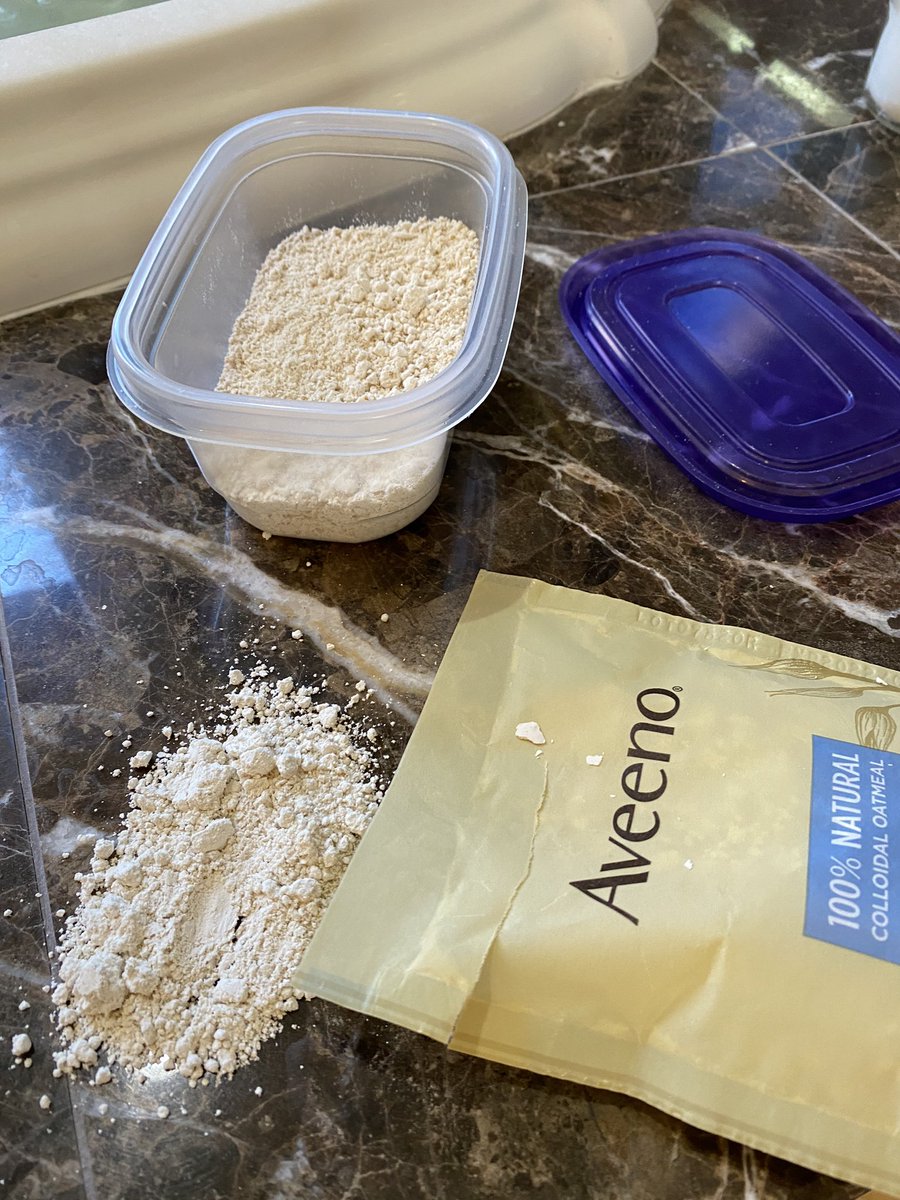 ToddWilbur's tweet photo. Life Hack - This Aveeno Oatmeal Bath Treatment is made of “colloidal oatmeal”, which just means it can be suspended in liquid ie: a powder. It sells for $10 bucks a box. I just copied it by putting cheap rolled oats in my food processor for 5 minutes. #savemoney #oatmealbath https://t.co/uP9pwcz3w1