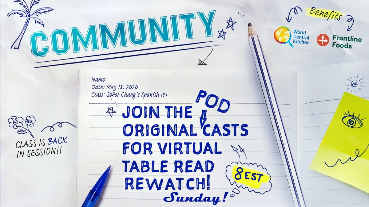 The next best thing to the virtual table read is re-watching it with friends!

Join US, &amp; the podcasters to live tweet Sunday night at 8 pm EST. &amp; let's watch again together!

#AndATableRead 
<a href="/CommunityTV/">Community</a> 
@wckitchen
<a href="/FrontlineFoods/">Frontline Foods</a> 
#BrittaLevelPhotoshop