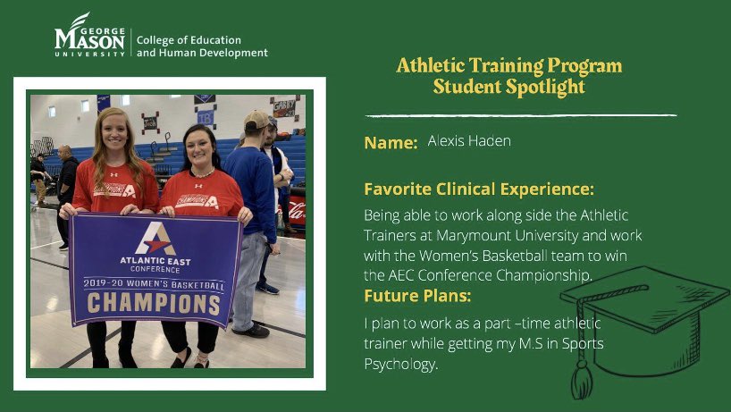 MasonMSAT's tweet photo. Congratulations to #MasonATEP Class of 2020 grad, Alexis Haden! #Classof2020 #athletictraining #MasonNation #ChooseMason https://t.co/8PqeYWH7xP