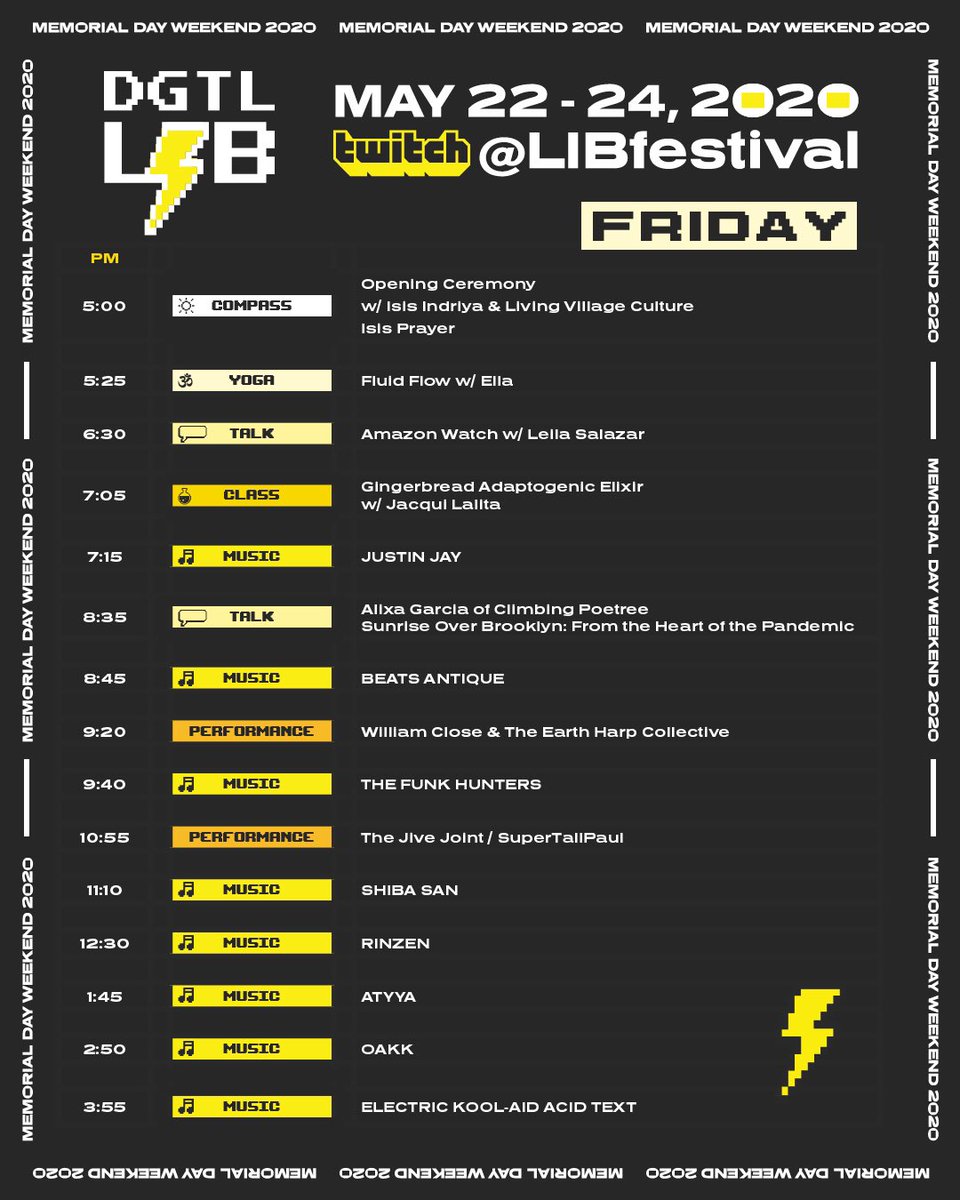 LIBfestival's tweet image. Browse the day schedules, plan your weekend, bust out your best outfits, and set up camp in your living room! #DGTLLIB is on the way 📺⚡️ dgtllib.com/schedule