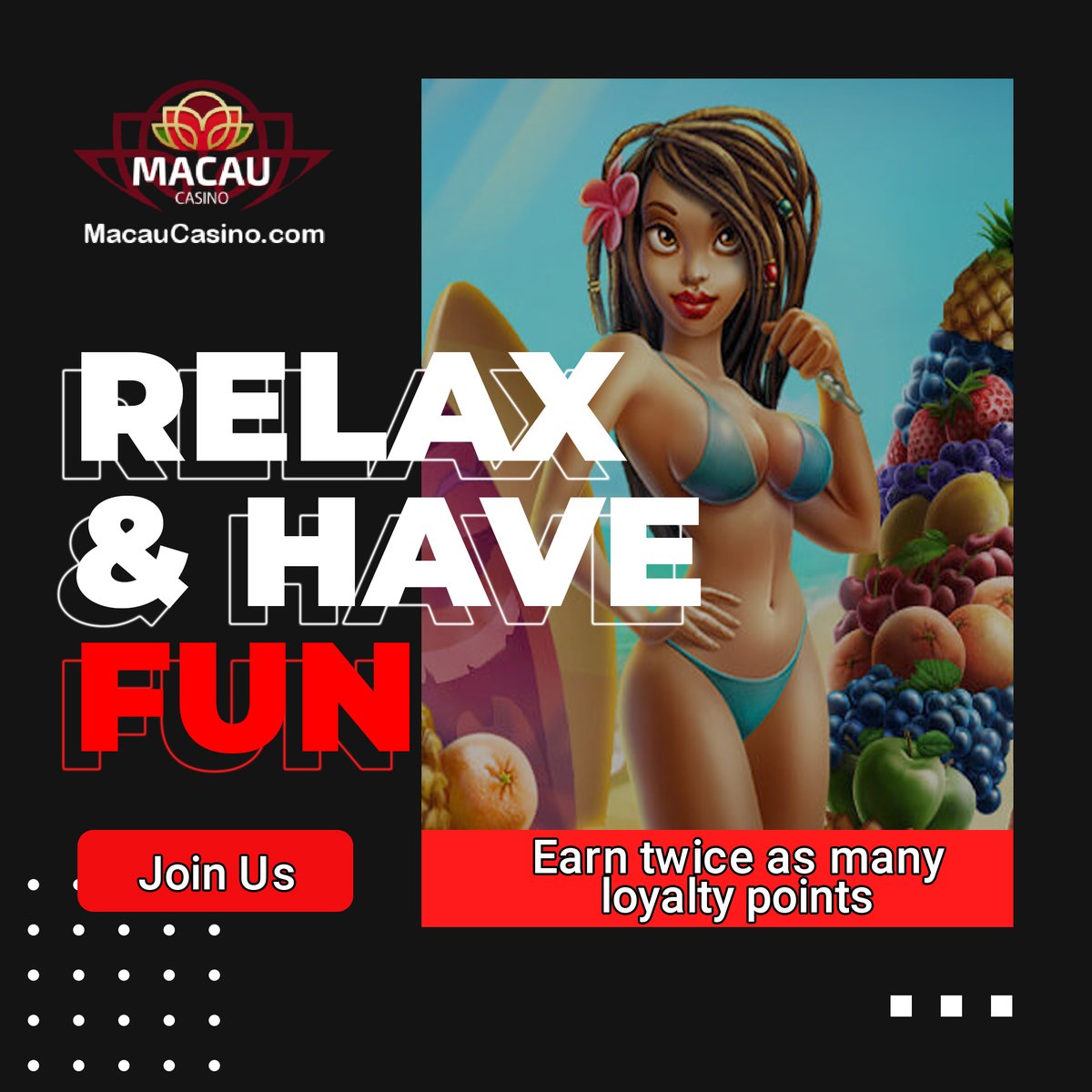 Macau_Casino1's tweet photo. JOIN US and EARN twice as many LOYALTY points. 🥇 👉And by playing online casino on https://t.co/LOywBPMkL3 you can 🤗RELAX &amp; HAVE FUN 🤩

#macaucasino #casinobonus #welcomebonus #toponlinecasino #kackpot #bigwin #bigbunos #freespin #bestonlinecasino #onlinecasino #onlinegamong https://t.co/RNAWrxc2Lb