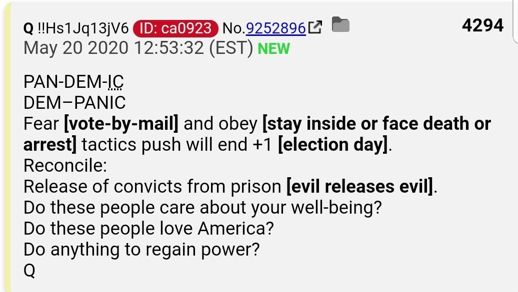 18.  #QAnon The fear and obey tactics will end the day after election day meanwhile pushing  #BallotHarvesting fraud [vote by mail].