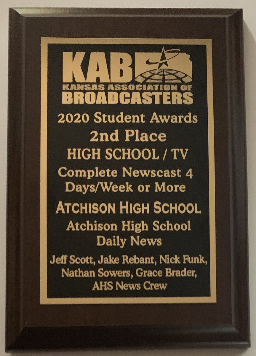 AHS Broadcasting/Video Production 2020 Senior Shoutout and Kudos to the whole broadcast crew!
Today we received our plaque from KAB (Kansas Association of Broadcasters).  Congratulations Broadcast Crew well deserved!
#KSClassof2020 #WeAre409