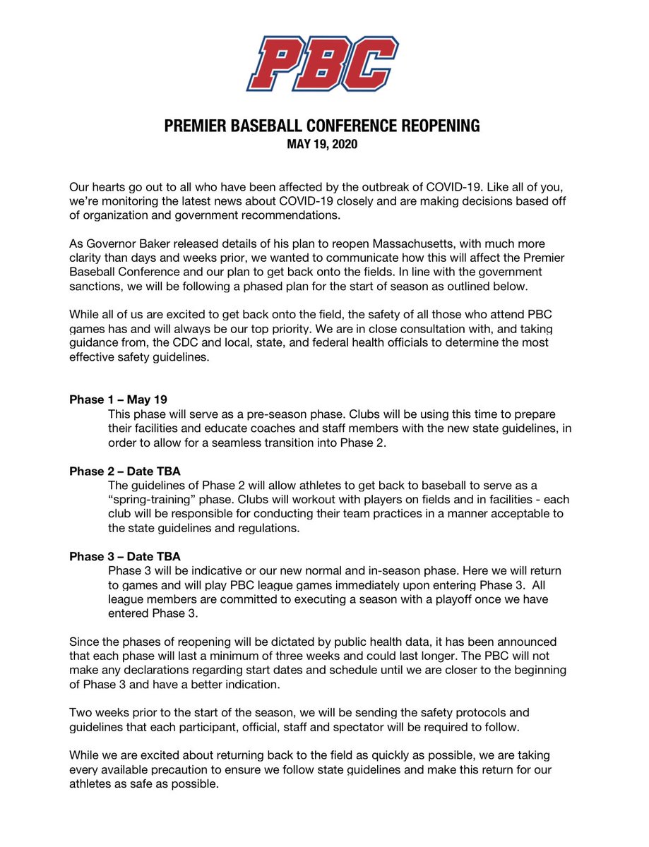 iTrainBaseball's tweet photo. Very happy to see @pbconference helping to lead the way with their involvement in the Massachusetts Reopening Committee, Governor Charlie Baker, with and many other athletic leaders throughout the Commonwealth!#premierbaseballconference #wherethebestcompete #pbc #tckingsbaseball https://t.co/ZUbQbk9HPi