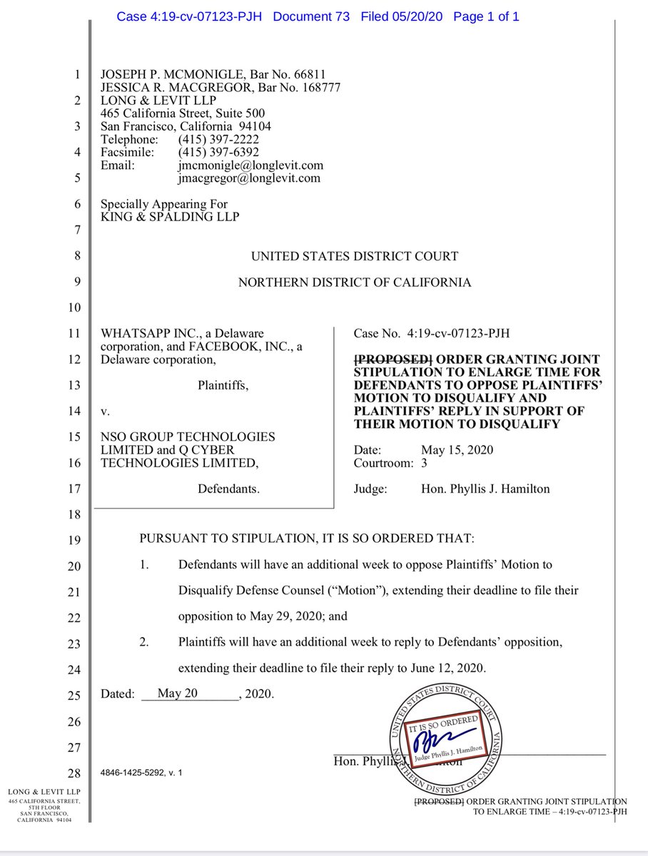 Ugg - this is like the equivalent to “a death by a thousand paper cuts” or the “Chinese water torture”DripDripDripI certainly expect by the end of June the Court to make a determination to either disqualify or not. Yes that binary  https://ecf.cand.uscourts.gov/doc1/035019288878?caseid=350613