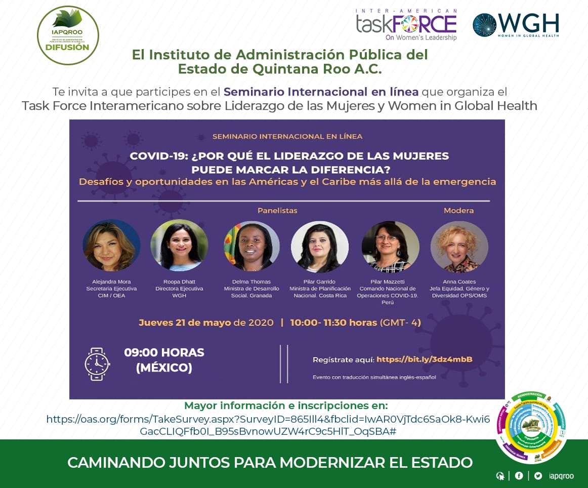 Mañana a las 9:00 horas (México) no te pierdas el Seminario Internacional "COVID-19: ¿Por qué el liderazgo de las mujeres puede marcar la diferencia? Desafíos y oportunidades en las Américas y el Caribe más allá de la emergencia. Regístrate aquí oas.org/forms/TakeSurv…