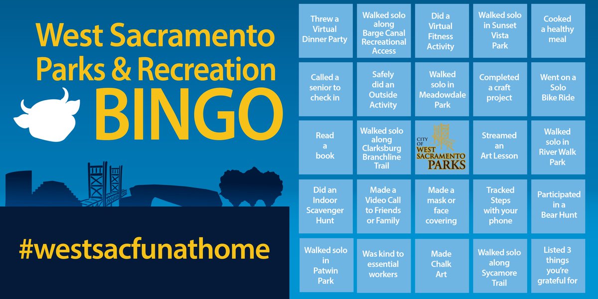 WestSacFun's tweet image. Our Bingo card is here! How many activities can you check off during Shelter-At-Home? Practice social distancing and wear masks whenever leaving the house and enjoying park walking paths and trails.

#westsacfun #westsacfunathome #funinplace
#stayhomewestsac #stayhome #covid19