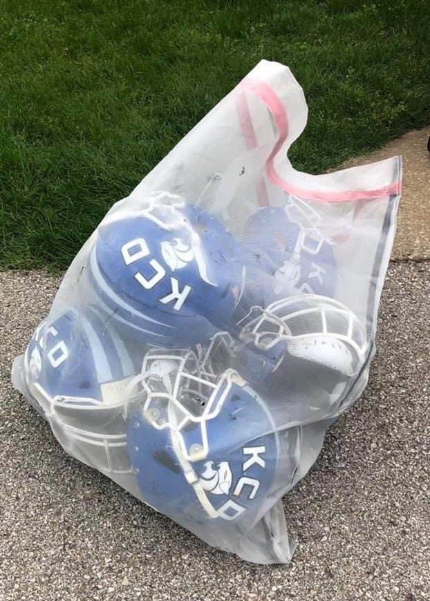 KCDFootball1's tweet photo. Helmets heading off for reconditioning today! We will plan well, adjust like Winners to whatever comes, work as a unit, and be ready to play some football when it’s Go Time. #HumbleandHungry2020 #StayPositive #KCDFootball #KeepWorking https://t.co/JNsff3MiKk