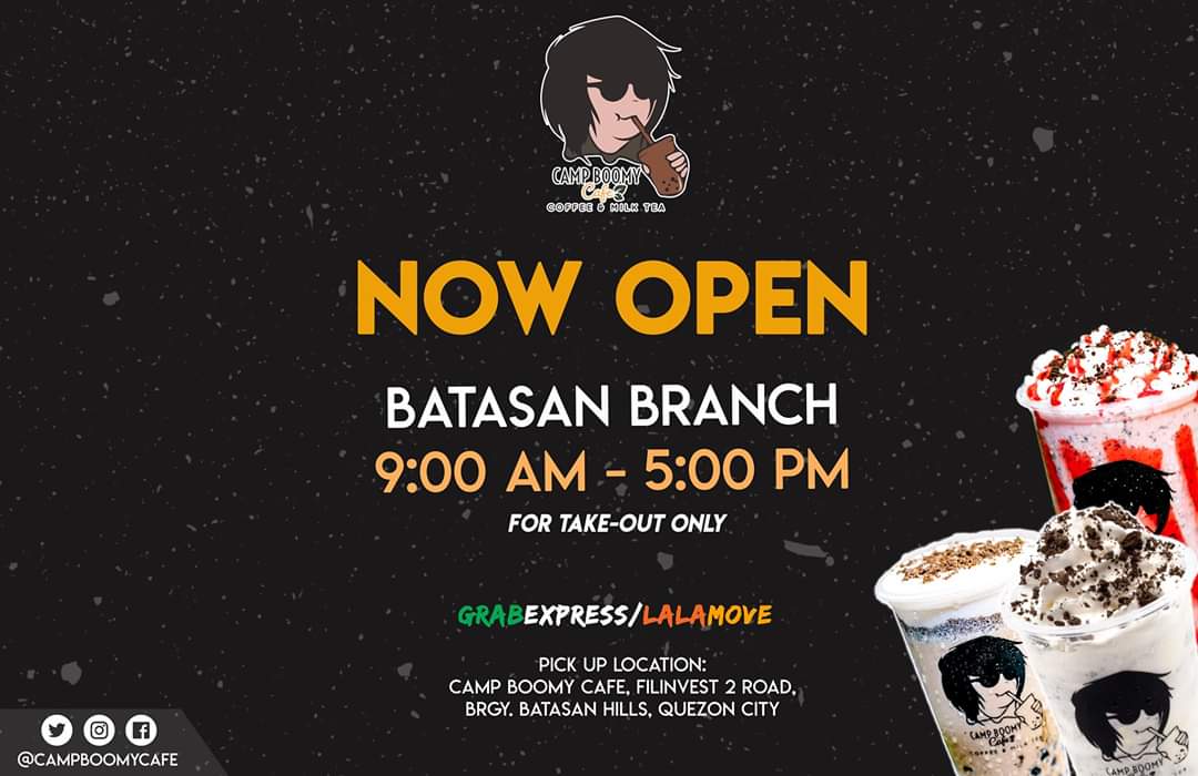 CampBoomyCafe's tweet photo. Camp Boomy Cafe - Batasan is now open!! ✨

*for takeout only*

We don't have delivery service yet but you can book your own pabili service through grab/lalamove. 🛵 https://t.co/pbLb2qj8iQ