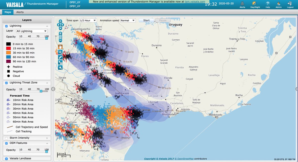 OpenSky_Uruguay's tweet image. A más de 100 km/h se acerca la tormenta a Montevideo y al sur del Uruguay.

@VaisalaGroup @MeteorologiaUy @sinae_oficial 
 #lightningdetection #lightning