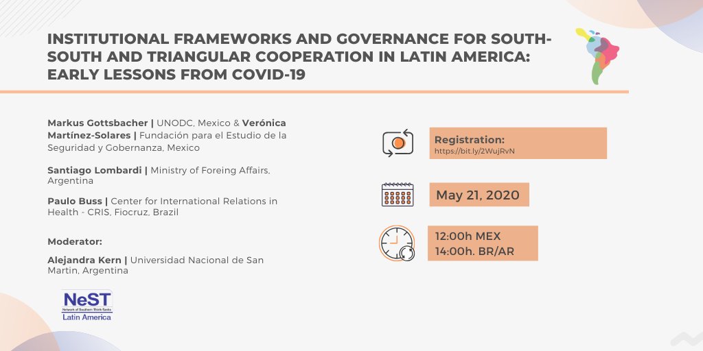 IRI_PUCRio's tweet photo. [NeST LATAM webinar] 

Institutional frameworks and governance for South-South and Triangular Cooperation in Latin America: Early lessons from COVID-19

May 21, 2020 - 12h MEX/14:00 BR

Registration: https://t.co/eTLpOuNQ3c 
#NeSTLATAM #webinar https://t.co/GVR3KnGlkW
