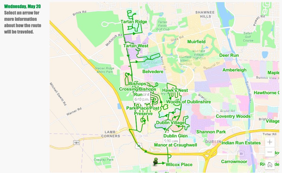 DublinOhio's tweet photo. It's night 3 of the Dublin CAREavan, and we cannot wait to see your excited faces! Below is the route our crews will be following tonight (Wednesday, May 20). Visit https://t.co/TmiXx6oRe7 for more information. #DublinCares #APWW https://t.co/zc0UfhZZUJ
