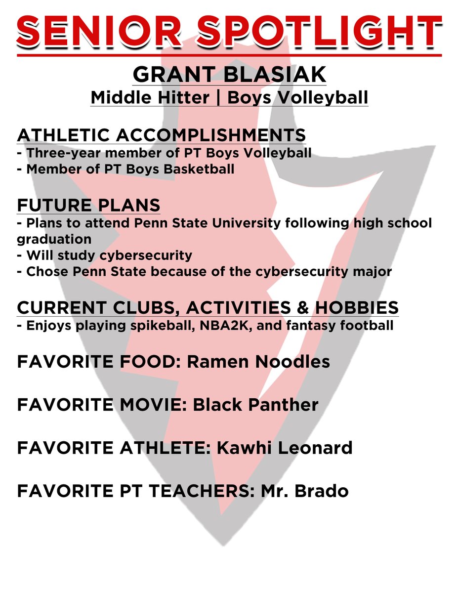 Volleyball player Grant Blasiak is today's Senior Spotlight.  Be sure to view our timeline for all our of senior spring athletes!