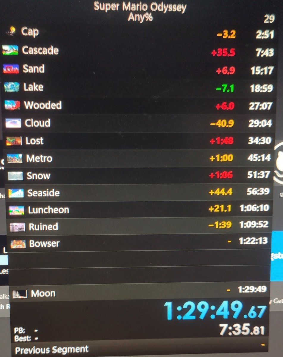 Rayintu's tweet image. So over the last few months ive been casually learning a beginner smo any% route kingdom by kingdom and ive finally learned the whole route and completed my first run 
I fucked up majorly in lost kingdom but eh