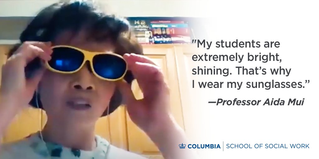 ColumbiaSSW's tweet photo. "My students are extremely bright, shining. That's why I wear my sunglasses."—Professor Aida Mu speaking truth at #CSSW2020 Commencement. https://t.co/I1fWly6Idt