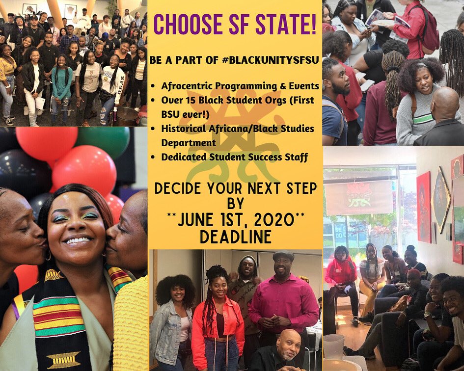 blackunitysfsu's tweet photo. 10 MORE DAYS left to decide if youβre #SFStateBound for #Fall2020!
We understand uncertainty about the future but know that there is a supportive network awaiting you as a #FutureGator. See yourself as a part of #BlackUnitySFSU. How to Accept: https://t.co/f7iGYhSs7o https://t.co/Qf75XIBWGP