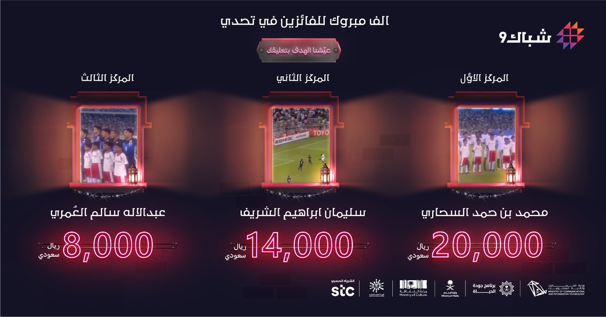 shubak9's tweet photo. تحمسوا 
آمنوا 
ركزوا 
شاركوا العالم!
والنتيجة؟ فووووووووووز 
ألف ألف مبروك للفائزين بتحدي "عيشنا الهدف بتعليقك"
#شباك9 https://t.co/zKpImI8x4t