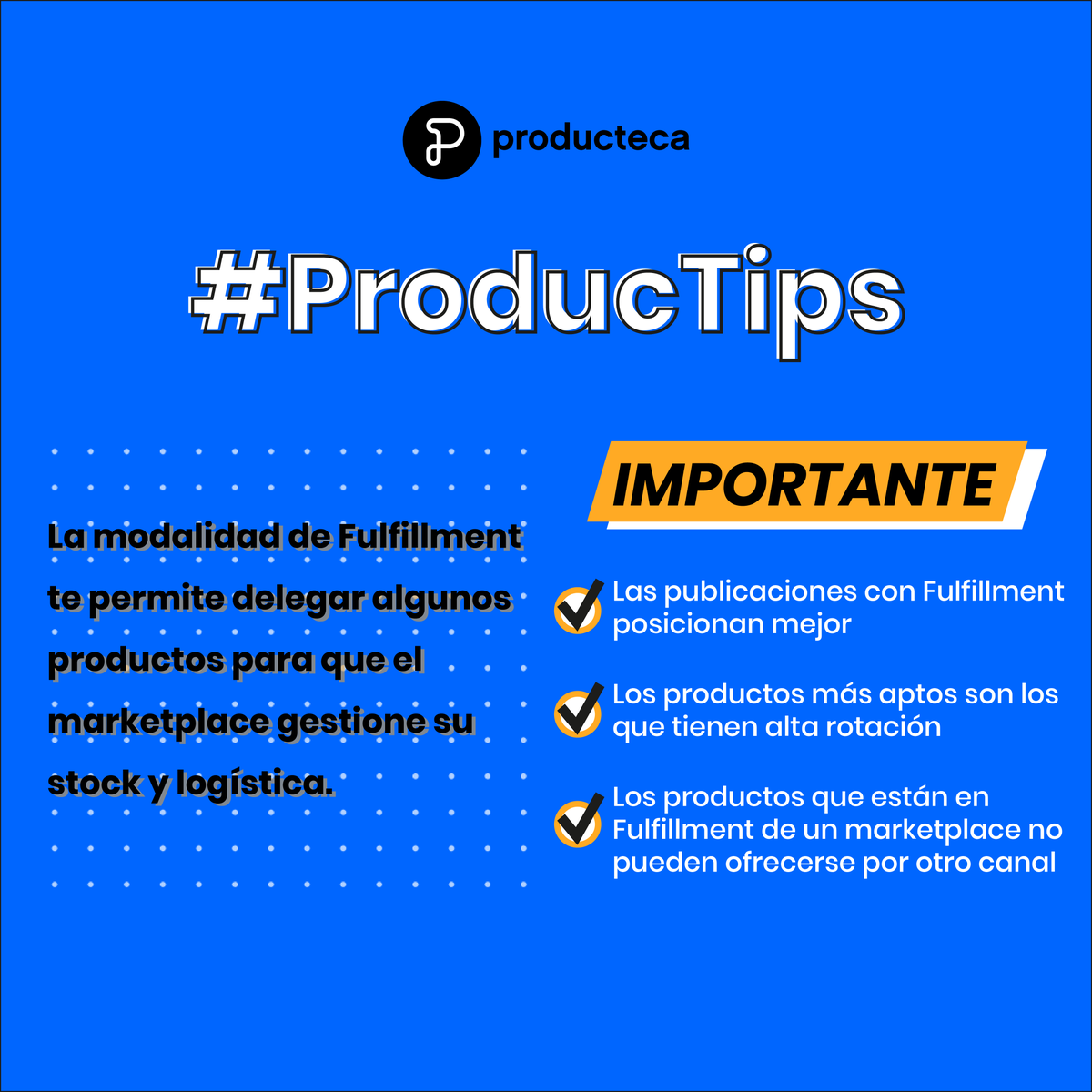producteca's tweet photo. ¿#SabíasQue algunos #marketplaces cuentan con la modalidad #Fulfillment, que te permite delegar la gestión de stock y logística para productos de alta rotación? Con estos #ProducTips puedes enterarte más. #ecommerce #ventas https://t.co/vLVivQdf0Y