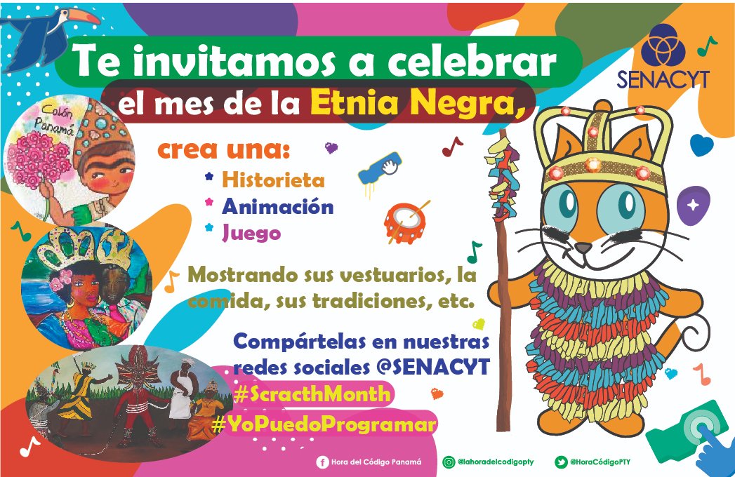 HoraCodigoPTY's tweet photo. #QuedateEnCasa y celebra con nosotros el Mes de la Etnia Negra utilizando #Scratch, puedes crear una historieta, una animación o un juego mostrando vestuarios, comidas y tradiciones. 
Compártelas en nuestras redes sociales utilizando los hashtag #ScratchMonth  #YoPuedoProgramar https://t.co/TY1lGp3H32