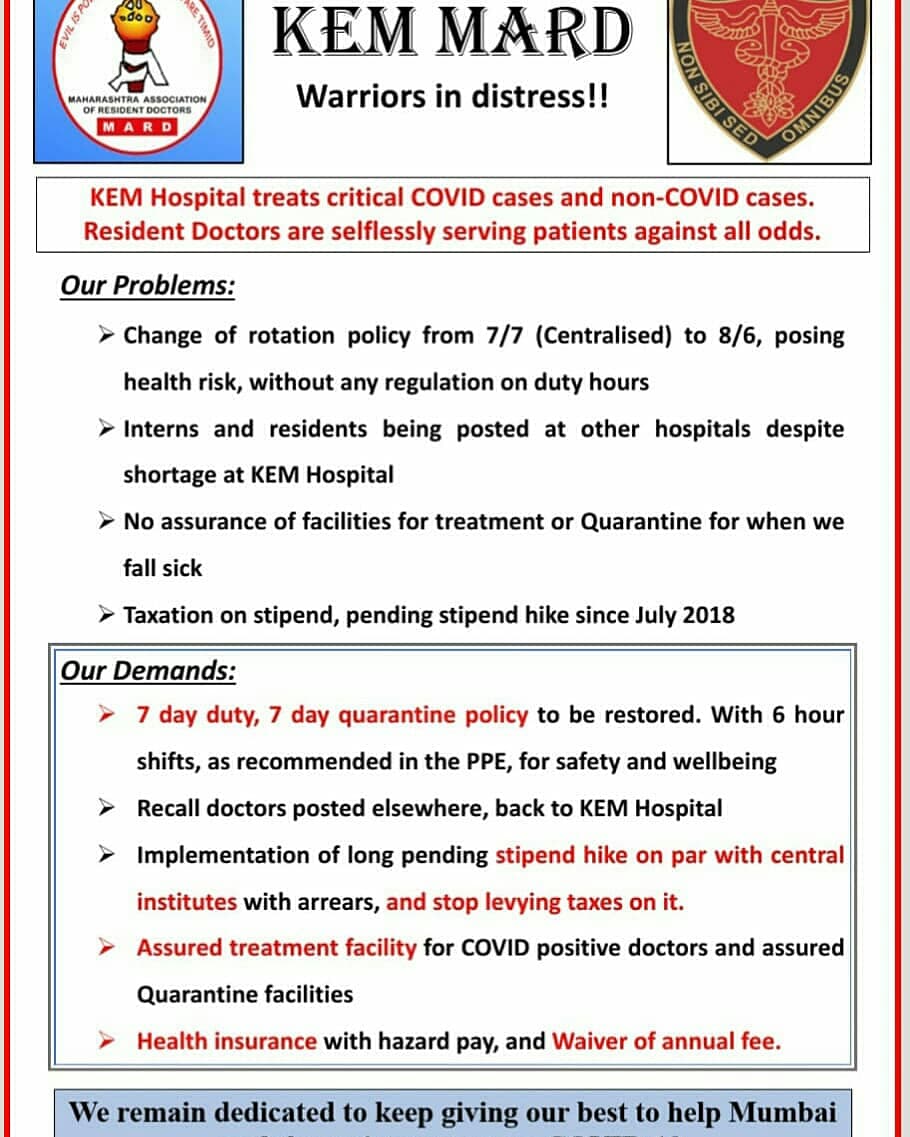 KemMARD's tweet photo. #JusticeforCoronaWarriors
#QuaratineforFrontliners
#FacilitiesForFrontliners
#BasicsForBattlers
#KEMMARD
@CMOMaharashtra @AmitV_Deshmukh @rajeshtope11 @AUThackeray @mybmc @DoctorsKem https://t.co/JWCAAf675m