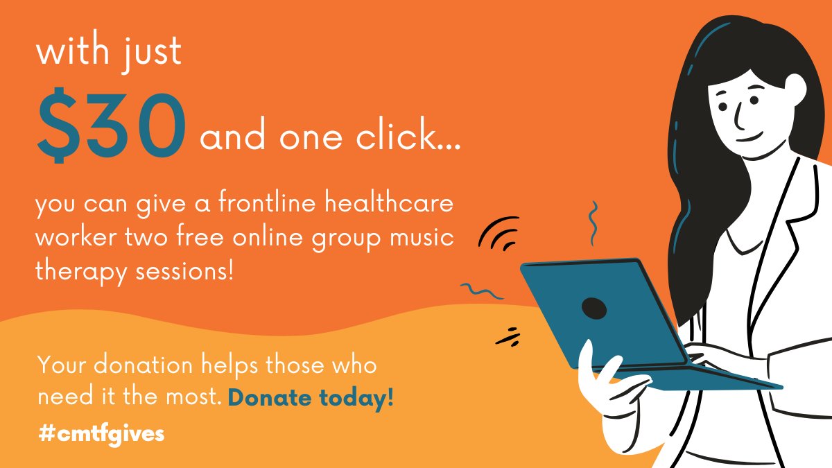 A donation of $30 would allow a frontline healthcare worker to have two free online group music therapy sessions. Visit the link in our bio to learn more! #cmtfgives #musictherapy #songsessionforthefrontline #charity #healthcareworkers #mentalhealth