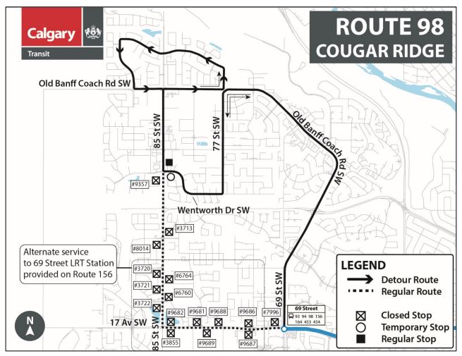 calgarytransit's tweet photo. #CTRiders DETOUR #Route98 At 9 AM on Fri, May 22 to 7 PM on Sun, May 24, &amp; again at 9 AM on Fri, May 29 to 7 PM on Sun, May 31 Bow Tr will be closed at 85 St SW to accommodate construction. Stop# 9357 &amp; all bus stops between 69 St Station &amp; Bow Tr SW will be temporarily closed. https://t.co/k4NHwuiXo7