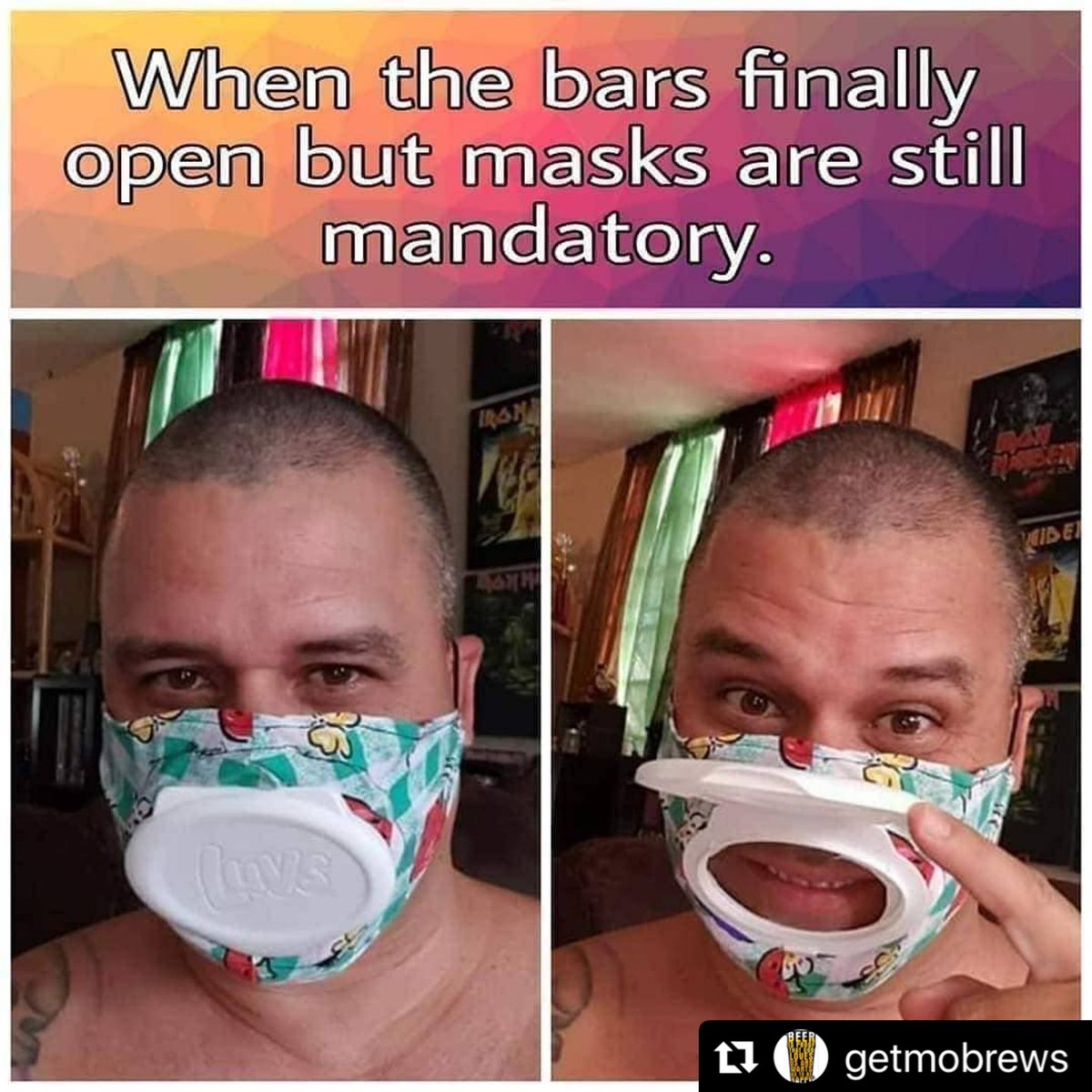 Drnkadeofficial's tweet photo. This is how we’re feeling right about now 😂 How about you? 🤔 We wonder if people will get creative with their masks and ways of staying safe as the states open up 🤷🏽‍♂️ Either way, this CLEARLY is the way to go when it comes to getting back into the bar scene 😆 🍺 #drinkingmeme https://t.co/S8X894aL3M