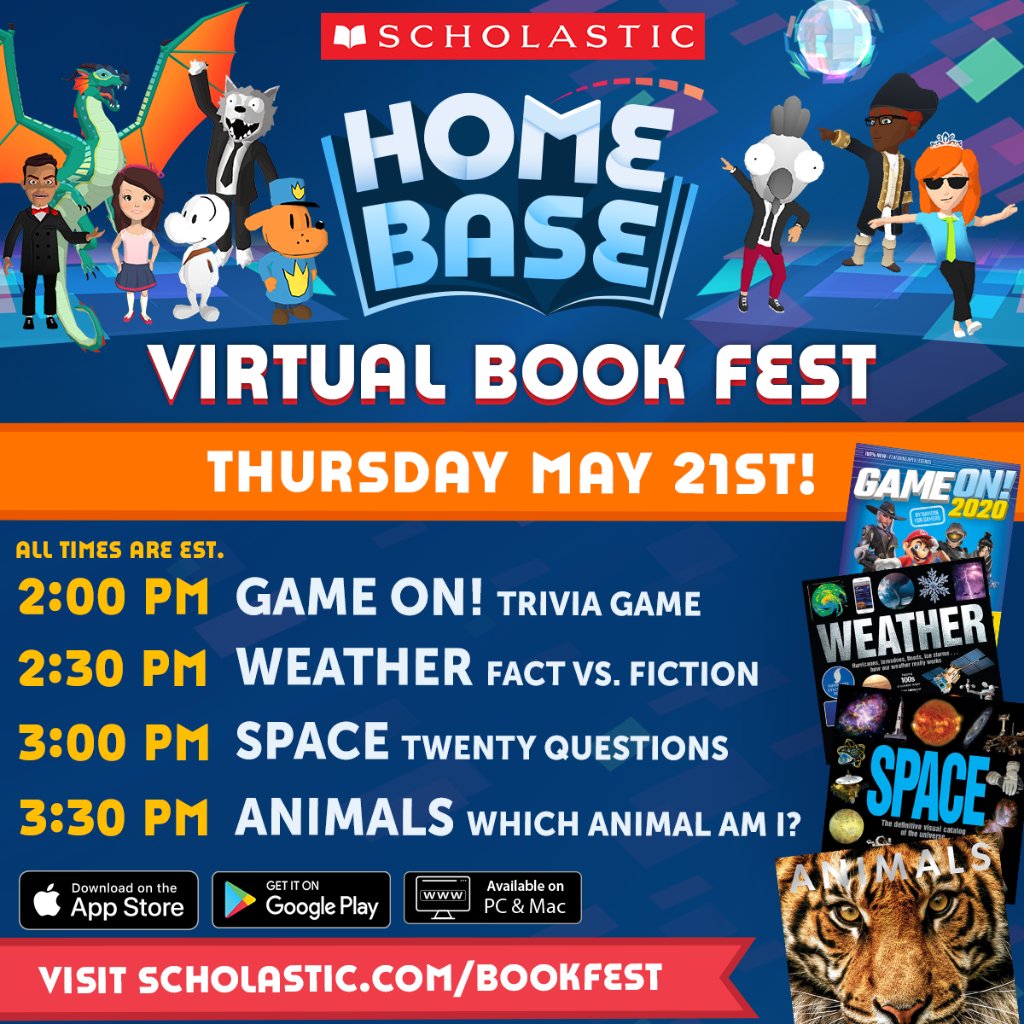 Scholastic's tweet photo. Which is the largest planet in our solar system? What animal uses their teeth to cut down trees? Join us for our #HomeBaseBookFest on Thursday 5/21! From 2:00pm EST to 4:00pm EST we’ll be testing your knowledge of weather, space, and animals! Learn more➡️ https://t.co/LfdWogteQV! https://t.co/1KNpdErhA3