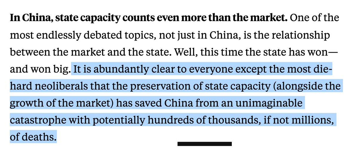 one point about this FP article: it sets up premise that the pandemic proves the triumph of state + capital, and that this is somehow in opposition to neoliberal orthodoxy. but neoliberalism IS the idea of enshrouding capital in institutions. the prc just takes it even further.
