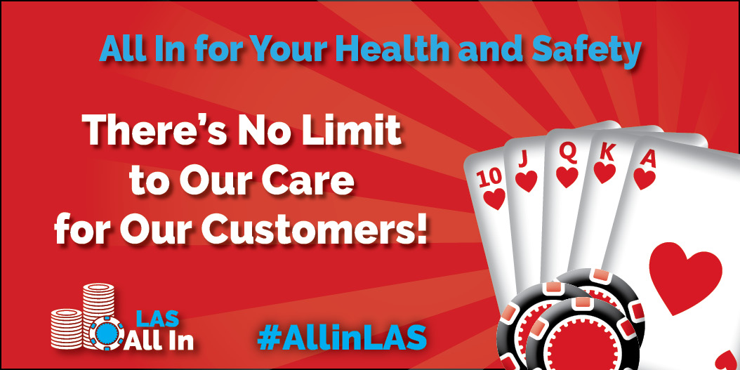 LASairport's tweet photo. Here's the deal: Today we reveal our new Vegas-inspired public awareness campaign, LAS All In. You can bet that we are doing our best to protect the health of our customers. Look for these safety messages throughout the airport. 🎲🎲
#AllinLAS https://t.co/Qstp15jNpm